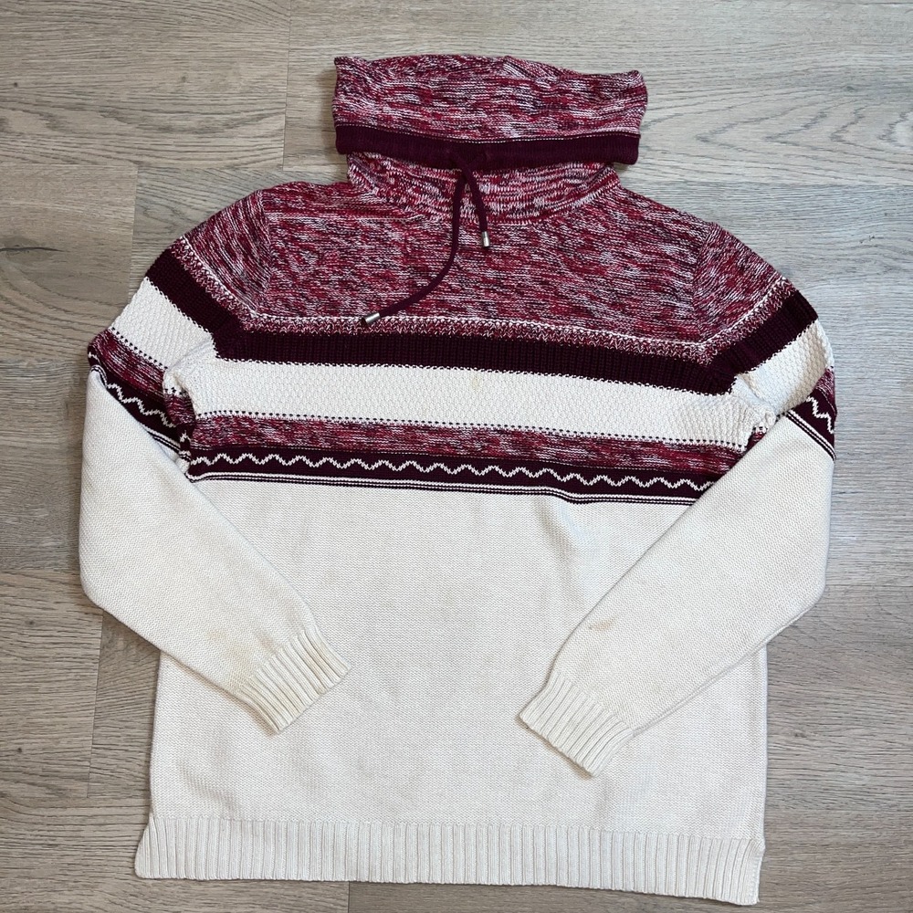 NorthCrest Knit Cowl Neck Sweater Womens Medium Burgundy Cream Patterned Pullove